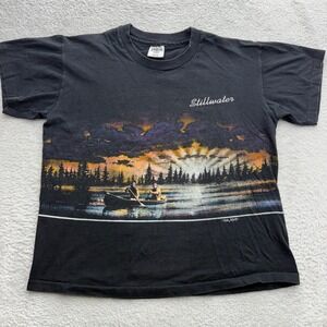 Vintage 1991 San Segal Stillwater Nature Graphic T-Shirt Black Mens Large USA